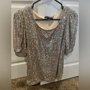 Aqua Metallic Sequin Puff Sleeve Top - Champagne Gold